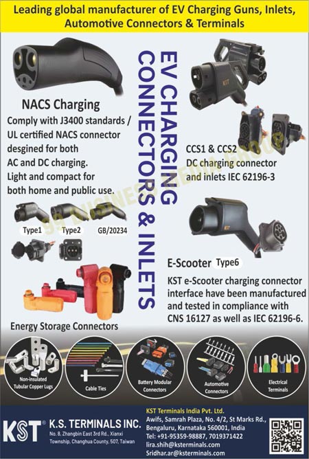 Electrical Terminals, Automotive Connectors, Electric Vehicle Charging Connectors, Electric Vehicle Charging Inlets, DC Charging Connectors, DC Charging Inlets, Electric Scooter Charging Connectors, Battery Modular Connectors, Cable Ties, Non Insulated Tubular Copper Lugs, EV Charging Guns, EV Charging Inlets, Automotive Terminals, EV Charging Connectors, NACS Chargings, Energy Storage Connectors