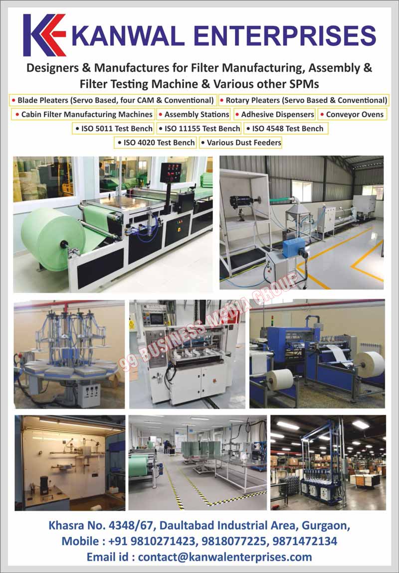 Filter Machines, Filter Testing Machines, Filter Assembly Machines, Blade Pleaters, Rotary Pleaters, Cabin Filter Machines, Assembly Stations, Adhesive Dispensers, Conveyor Ovens, Test Benches, Dust Feeders, Servo Based Rotary Pleaters, Conventional Based Rotary Pleaters, Servo Based Blade Pleaters, Cam Based Blade Pleaters, Conventional Based Blade Pleaters