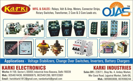 Electronic Equipments, Relays, Volt Meters, Ampere Meters, Connector Strips, Strip Connectors, Rotary Switches, Transformers, Two Core Leads, Three Core Leads, AMP Meters, Digital Panel Meters, Connectors, 2 Core Leads, 3 Core Leads, Voltage Stabilizers, Change Over Switches, Inverters, Battery Chargers