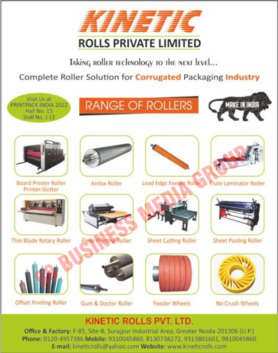 Board Printer Rollers, Printer Slotters, Anilox Rollers, Leads Edge Feeder Rollers, Flute Laminator Rollers, Thin Blade Rotary Rollers, Flexo Printing Rollers, Sheet Cutting Rollers, Sheet Pasting Rollers, Offset Printing Rollers, Gums, Doctor Rollers, Feeder Wheels, No Crush Wheels