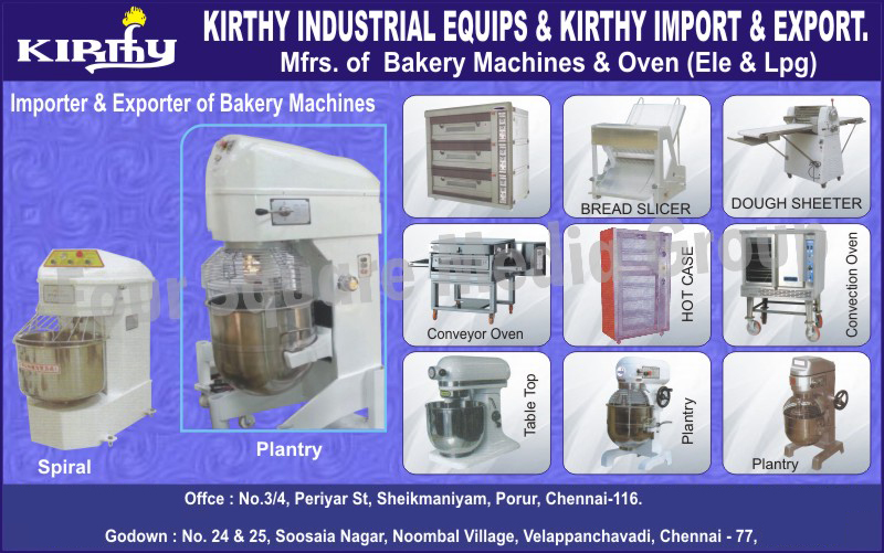 Bakery Machines, Electric Ovens, LPG Ovens, Spiral Mixers, Planetary Mixers, Bread Slicers, Dough Sheeters, Conveyor Ovens,  Hot Cases, Convection Ovens, Table Top Mixers