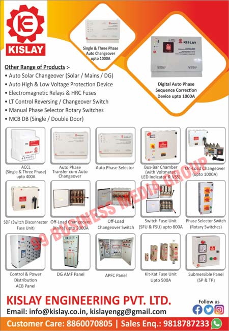 Solar Auto Solar Changeovers, Main Auto Solar Changeovers, DG Auto Solar Changeovers, Auto High Protection Devices, Low Volatge Devices, Electromagnetic Relays, HRC Fuses, LT Control Reversing, Changeover Switches, Manual Phase Selector Roatry Switches, Single MCB DB, Double Dopor MCB DB, Auto Phase Transfer Cum Auto Changeovers, Bus Bar Chamber Voltmeter Led Indicators, Bus Bar Chamber VSS, Switch Disconnector Fuse Units, Off Load Changeover Switches, Roatry Phase Selector Switches, Control Distibution Panels, Power Distribution Panels, DG AMF Panels, SP Submersible Panels, TP Submersible Panels