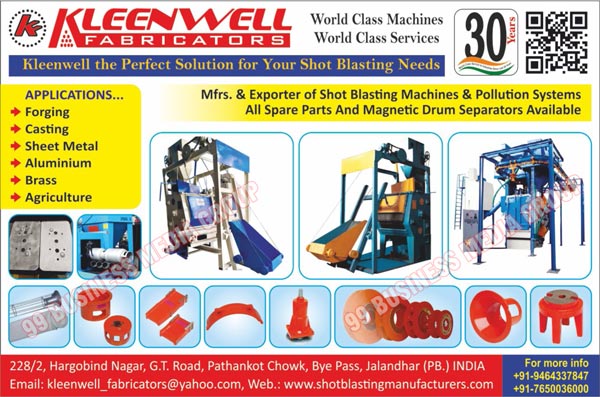 Shot Blasting Machines, Tumblast Shot Blasting Machines, Hanger Type Shot Blasting Machines, Continuous Roller Conveyor Type Machines, Dust Collector Machines, Sand Blasting Hoopers, Magnetic Drum Separators, Swing Table Type Shot Blasting Machines, Airless Tumble Type Shot Blasting Machines