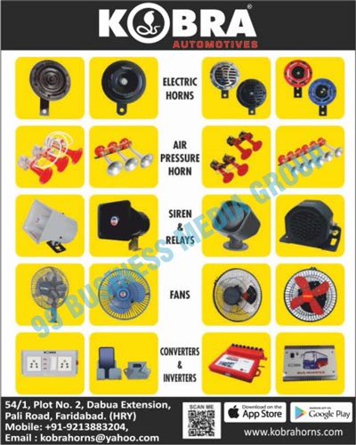 Automotive Air Horns, Automotive Electric Horns, Automotive Coach Horns, Automotive Reverse Horns, Automotive Coach Fans, Automotive Car Fans, Automotive Air Pressure Horns, Automotive Sirens, Automotive Relays, Automotive Converters, Automotive Inverters