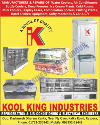 Water Coolers, Air Conditioners, Bottle Coolers, Deep Freezers, Ice Cream Plants, Cold Rooms, Mini Coolers, Display Cases, Combination Coolers, Chilling Plants, Hotel Kitchen Equipments, Softy Machines, Automotive Airconditioners, Car Air Conditioners, Refrigeration Equipments, Electrical Engineers, Car AC, Refrigeration Conditionings, Air Conditionings