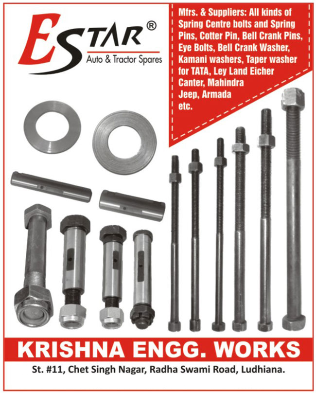 Automotive Spare Parts, Tractor Spare Parts, Spring Centre Bolts, Spring Pins, Cotter Pins, Bell Crank Pins, Eye Bolts, Bell Crank Washers, Kamani Washers, Taper Washers