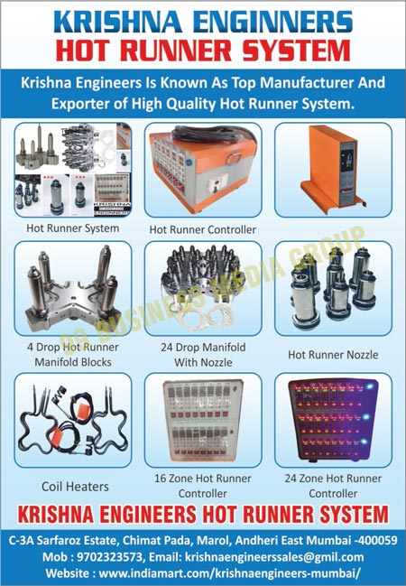 Hot Runner Systems, Hot Runner Controllers, 4 Drop Hot Runner Manifold Blocks, 24 Drop Manifold with Nozzle, Hot Runner Nozzles, Coil Heaters, 16 Zone Hot Runner Controllers, 24 Zone Hot Runner Controllers