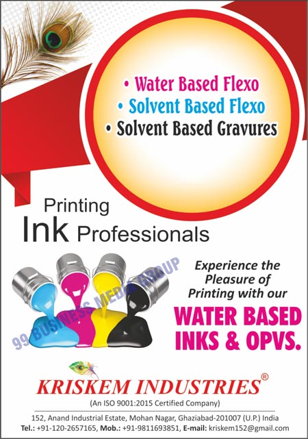 Water Based Inks, Water Based OPVS, Water Based Flexo Inks, Solvent Based Flexo Inks, Solvent Based Gravures