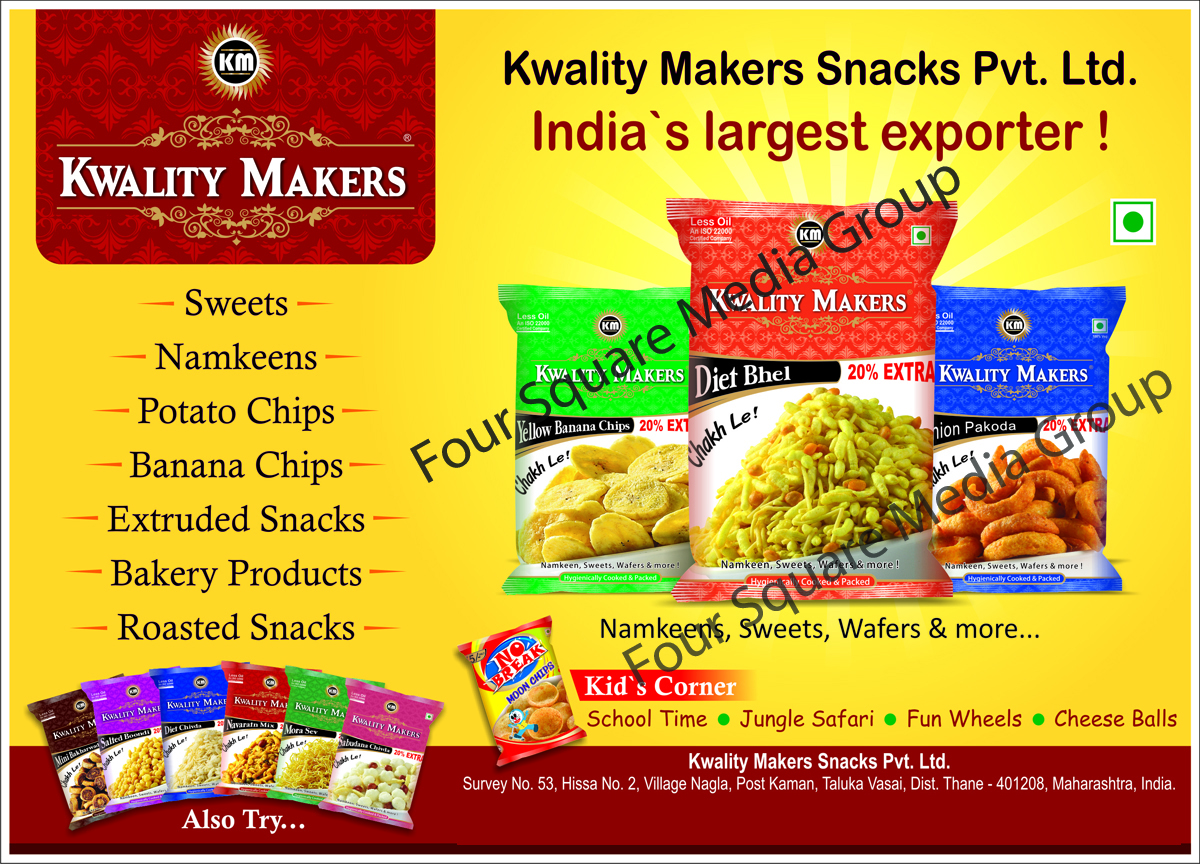 Sweets, Namkeens, Potato Chips, Potato Wafers, Banana Chips, Banana Wafers, Extruded Snacks, Bakery Products, Roasted Snacks, Wafers,Chocolates, Chips, Bhelpuri, Panipuri, Nuts, Gujarati Snacks, South Indian Snacks