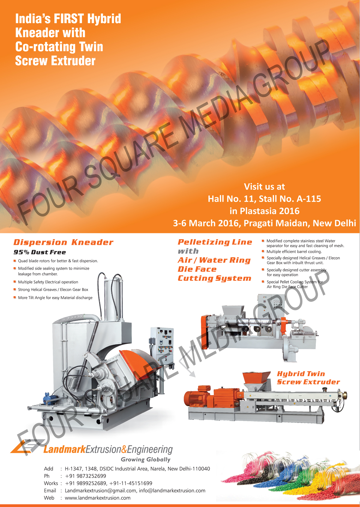 Hybrid Twin Screw Extruders, Hybrid Kneader With Co-rotating Twin Screw Extruders, Dispersion Kneaders, Pelletizing Line With Air Ring Die Face Cutting Systems, Pelletizing Line With Water Ring Die Face Cutting Systems