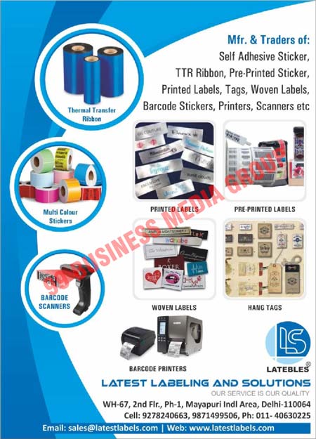 Self Adhesive Stickers, TTR Ribbons, Pre Printed Stickers, Printed Labels, Tags, Woven Labels, Barcode Stickers, Printers, Scanners, Thermal Transfer Ribbons, Multi Colour Stickers, Barcode Scanners, Hang Tags, Barcode Printers, Pre Printed Labels