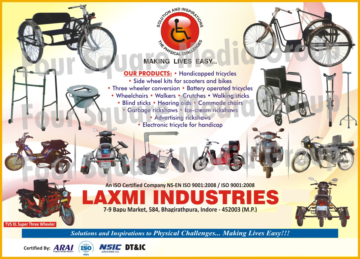 Tricycle Wheel Chairs Crutches, Blind Sticks, Hearing Aids, Three Wheeler Side Wheel Systems Mopeds, Cycle Rickshaws, Mobility Aids, Crutches, Handicapped Tricycles, Side Wheel Kits For Scooters, Side Wheel Kits For Bikes, Three Wheeler Conversions, Battery Operated Tricycles, Blind Sticks, Hearing Aids, Commode Chairs, Garbage Rickshaws, Ice Cream Rickshaws, Advertising Rickshaws, Electronic Tricycle For Handicap