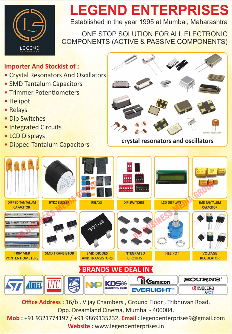 Electronic Components, Active Components, Passive Components, Crystal Resonators, Crystal Oscillators, SMD Tantalum Capacitors, Trimmer Potentiometers, Helipots, Relays, Dip Switches, Integrated Circuits, LCD Displays, Dipped Tantalum Capacitors, Hydz Buzzers, SMD Transistors, SMD Diodes, Voltage Regulators