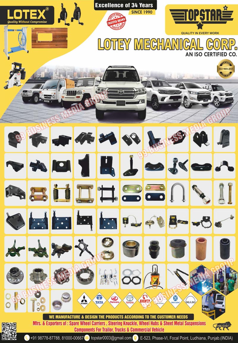 Car Steering Knuckles, Car Front Hubs, TAVERA, MAHINDRA, QUALIS, SCORPIO Stepney Brackets, Spare Wheel Carriers, MAHINDRA Jeep Chassis Parts, Sheet Metals, Automotive Components, Lubrication Equipments, Trailer Bushes, Steering Knuckles, Jeep Chassis Parts, Wheel Hubs, Sheet Metal Suspensions, Trailor Wheel Hubs, Trailor Sheet Metal Suspension Components, Truck Wheel Hubs, Truck Sheet Metal Suspension Components, Commercial Vehicle Wheel Hubs, Commercial Vehicle Sheet Metal Suspension Components