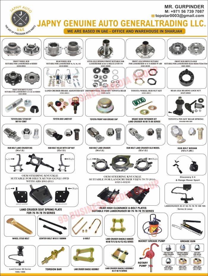 Car Steering Knuckles, Car Front Hubs, Spare Wheel Carriers, Sheet Metals, Automotive Components, Lubrication Equipments, Trailer Bushes, Steering Knuckles, Jeep Chassis Parts, Wheel Hubs, Sheet Metal Suspensions, Trailer Wheel Hubs, Trailer Sheet Metal Suspension Components, Truck Wheel Hubs, Truck Sheet Metal Suspension Components, Commercial Vehicle Wheel Hubs, Commercial Vehicle Sheet Metal Suspension Components, Trailer Spare Wheel Carriers, Truck Spare Wheel Carriers, Commercial Vehicle Spare Wheel Carriers, Trailer Steering Knuckles, Truck Steering Knuckles, Commercial Vehicle Steering Knuckles, Precision Auto Parts, Front Wheel Hubs, Rear Wheel Hubs, Stub Axle Spindle Front, Front Axle Spindles, Front Hub Drive Flanges, Land Cruiser Brake Adjuster Kits, Differential Gear Kit Toyota Rears, Toyota Wheel Hub Nuts, Rear Axle Bearing Lock Nuts, Toyota Bolt Stud Kits, Toyota Bed Liner Kits, Toyota Front Hub Grease Caps, Brake Shoe Retainer Kit Land Cruisers, Toyota Pin Kit Rear Springs, Hub Bolt Land Cruiser Big, Hub Bolt Hilux with Cap Nut, Hub Bolt Land Cruisers, Hub Bolt Land Cruisers Old Model, Hub Bolts, OEM Steering Knuckles, Discovery 3 4 Sports, Range Rover Sports, Land Cruiser Seat Spring Plates, Rear High Clearance U Bolt Plates, Wheel Stud Bolts, Center Bolts, U Bolts, Land Cruiser Shackle Hangers, Bucket Grease Pumps, Grease Guns, Land Cruisers, Torsion Bars, Land Cruiser Shackle Assemblies, Rotary Pumps, Cap Nuts, Half Nuts