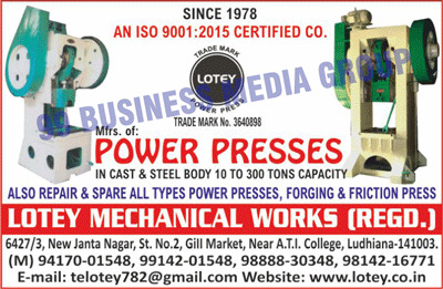 Power Presses, Cast Body Power Presses, Steel Body Power Presses, 10 to 300 Tons, Sheet Cutting Machines, Power Press Spare Parts, Sheet Cutting Machine Spare Parts, Forging Screw Presses, Power Press Spare Parts, Forging Press Spare Parts, Friction Press Spare Parts