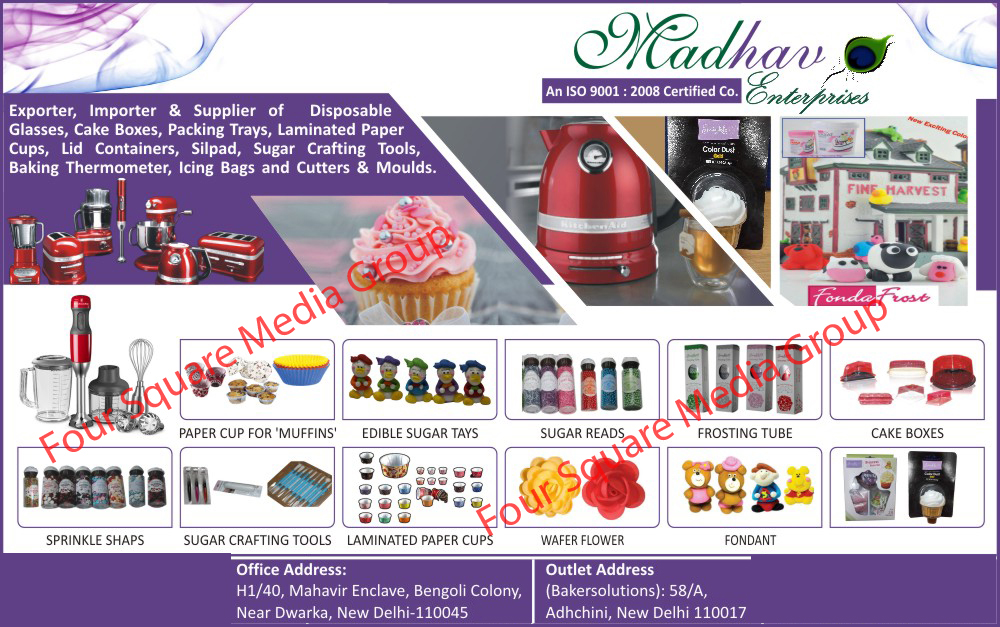 Bakery Ingredients, Cake Toppers Sugar Sprinkles, Sugar Confetti, Baking Personalised Tools, Baking Utensils, Silicon Moulds, Bakery Packaging Materials, Kitchen Machines, Cake Boxes, Disposable Glasses, Packing Trays, Laminated Paper Cups, Lid Containers, Silpad, Sugar Crafting Tools, Baking Thermometer, Icing Bags, Icing Cutters, Icing Moulds, Paper cup For Muffins, Edible Sugar Trays, Frosting Tube, Fondant, Wafer Flower, Laminated Paper Cups, Sugar Crafting Tools, Sprinkle Shapes, Sugar Reads