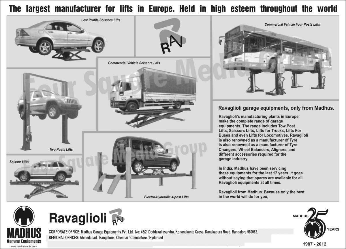 Commercial Vehicle Four Post Lifts, Commercial Vehicle Scissor Lifts, Low Profile Scissor Lifts, Scissor Lifts, Electro Hydraulic Four Post Lifts, Truck Lifts, Bus Lifts, Locomotive Lifts, Tyre Changers, Wheel Balancers, Wheel Aligners, Garage Industry Accessories,Electro Hydraulic Post Lifts, Commercial Vehicle Four Posts Lifts, Garage Equipments, Two Post Lifts, Scissors Lifts, Aligners