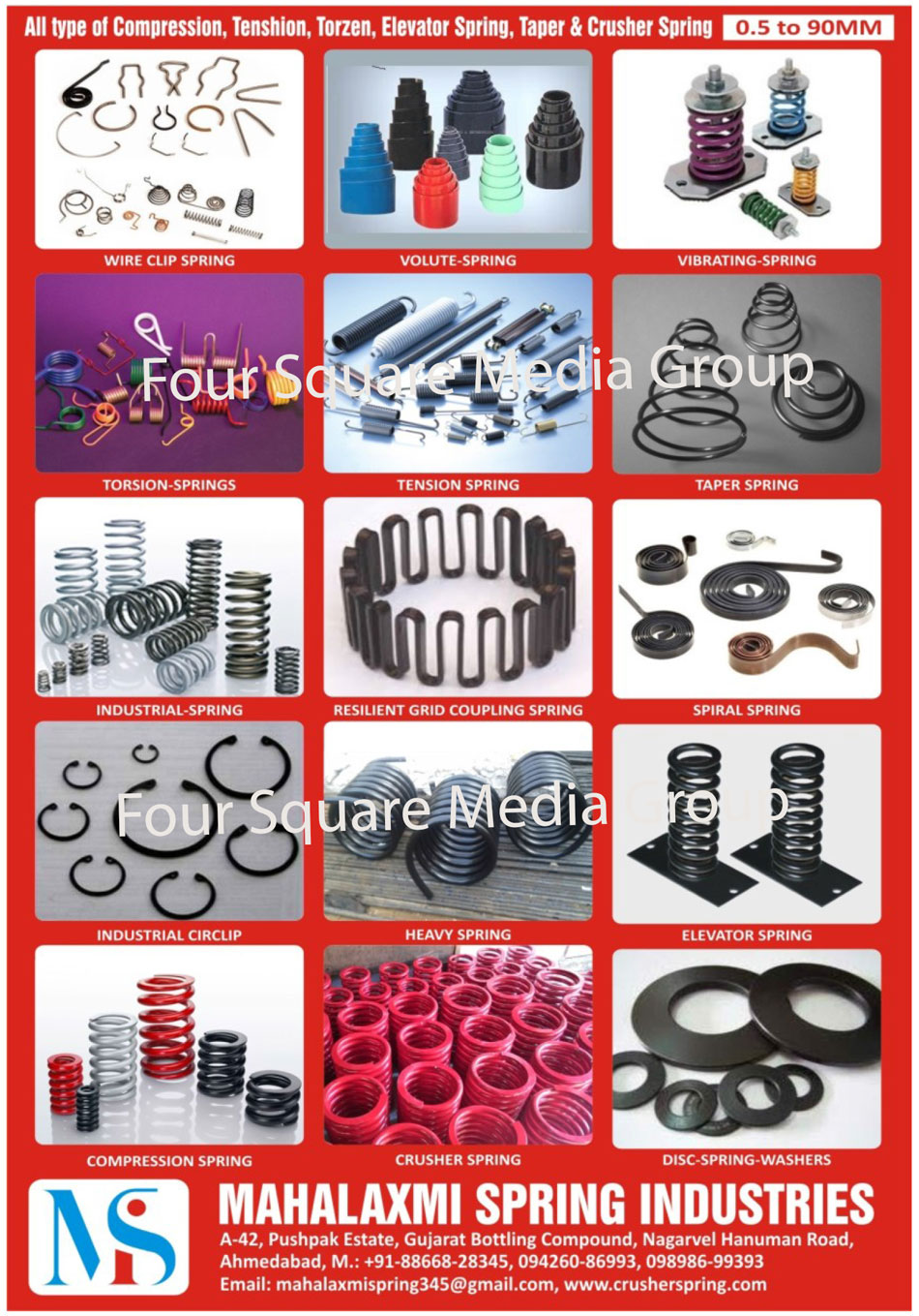 Springs, Compression Springs, Tenshion Springs, Torzen Springs, Elevator Springs, Taper Springs, Crusher Springs, Wire Clip Springs, Volute Springs, Vibrating Springs, Torsion Springs, Tension Springs, Industrial Springs, Resilient Grid Coupling Springs, Spiral Springs, Industrial Circlips, Heavy Springs, Disc Spring Washers