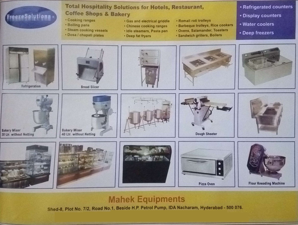 Refrigerated Counters, Display Counters, Water Coolers, Deep Freezers, Hospitality Solutions, Refrigeration, Bread Slicers, Bakery Mixers, Dough Sheeter, Pizza Oven, Flour Kneading Machines, Restaurant Equipments, Commercial Kitchen Equipments, Hotel Equipments, Coffee Shop Equipments, Bakery Equipments, Restaurant Equipments, Canteen Equipments, Dosa Plates, Deep Fat Fryers, Idle Steamers, Pasta Pans, Chinese Cooking Ranges, Gas Griddles, Electrical Griddles, Rumali Roti Trolleys, Barbeque Trolleys, Rice Cookers, Ovens, Toasters, Sandwich Griller, Boilers, Cooking Ranges, Boiling Pans, Steam Cooking Vessels, Chapati Plates, Dosa Plates, Rumali Chapati Trolleys