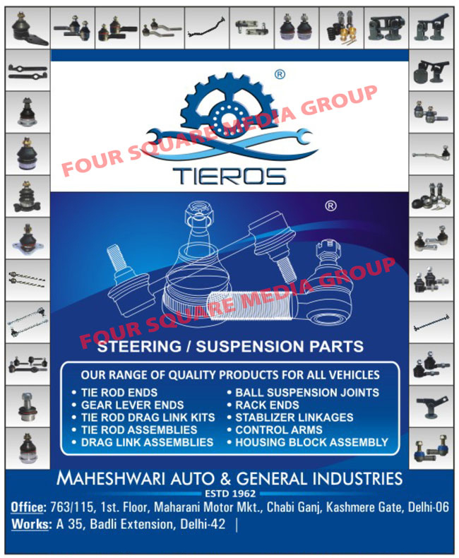 Steering Components, Suspension Components, Tie Rod Ends, Gear Lever Ends, Tie Rod Kits, Drag Link Kits, Tie Rod Assembly, Tie Rod Assemblies, Drag Link Assembly, Drag Link Assemblies, Ball Suspension Joints, Rack Ends, Stabilizer Linkages, Control Arms, Housing Block Assembly, Housing Block Assemblies, Jhamela Assembly, Jhamela Assemblies, Tie Rod Drag Link Kits