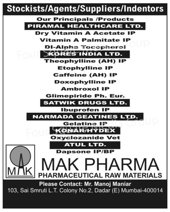 Pharmaceutical Raw Materials, Dry Vitamin A Acetate IP, Vitamin A Palmitate IP, DI Alpha Tocopherol, Theophylline AH IP, Etophylline IP, Caffeine AH IP, Doxophylline IP, Ambroxol IP, Glimepiride PH. Eur., Ibuprofen IP, Gelatine IP, Oxyclozanide Vet, Dapsone IP, Dapsone BP,Acetate, Palmitate, Caffeine, Gelatine