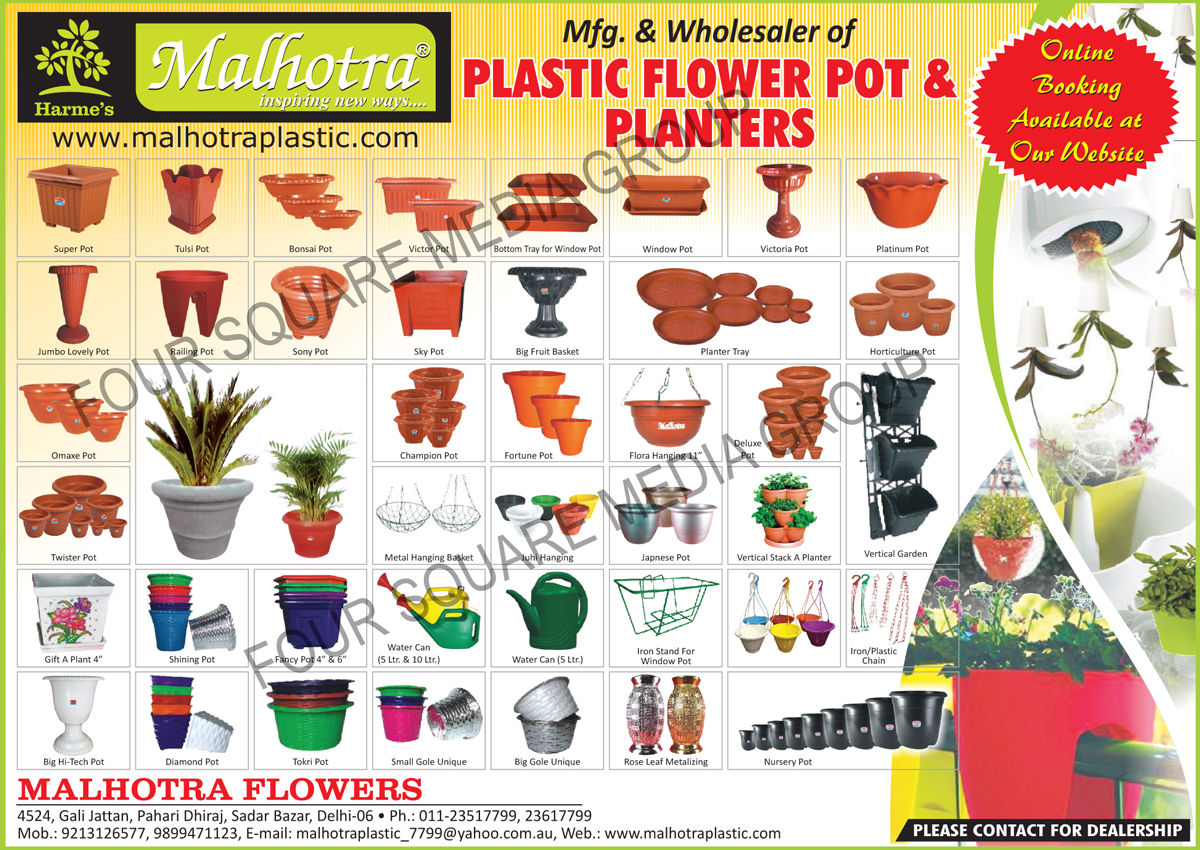 Plastic Flower Pots, Plastic Planters, Plastic Planter Trays, Plastic Shining Pots, Plastic Fancy Pots, Water Cans, Iron Stand For Window Pots, Iron Chains, Plastic Chains, Tokri Pots, Rose Leaf Metalizing, Nursery Pots, Metal Hanging Baskets, Japanese Pots, Vertical Stack A Planters, Plastic Vertical Garden Planters