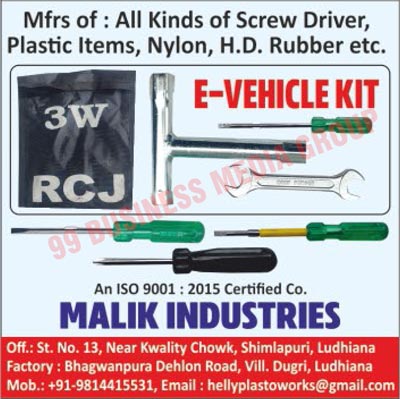 E Vehicle Kits, Screw Drivers, Plastic Items, Nylon Rubbers, HD Rubbers