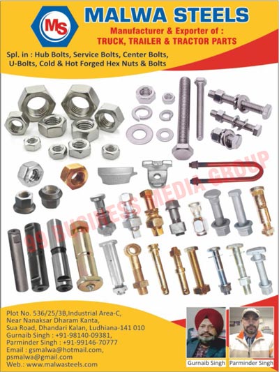 Truck Parts, Trailer Parts, Tractor Parts, Automotive Fasteners, Hub Bolts, Service Bolts, Center Bolts, U Bolts, Hot Forged Hex Nuts, Hot Forged Hex Bolts, Cold Forged Hex Nuts, Cold Forged Hex Bolts, Tractor Suspension Parts, Truck Suspension Parts, Trailer Suspension Parts