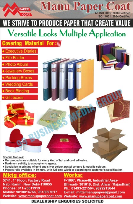 PVC Paper, Executive Diary covering Material, File Folder Covering material, Photo Album Covering material, Jewellery Box Covering Material, Packing Box covering Material, Wedding Cards covering Material, Book Binding covering Material, Gift Box Covering Material