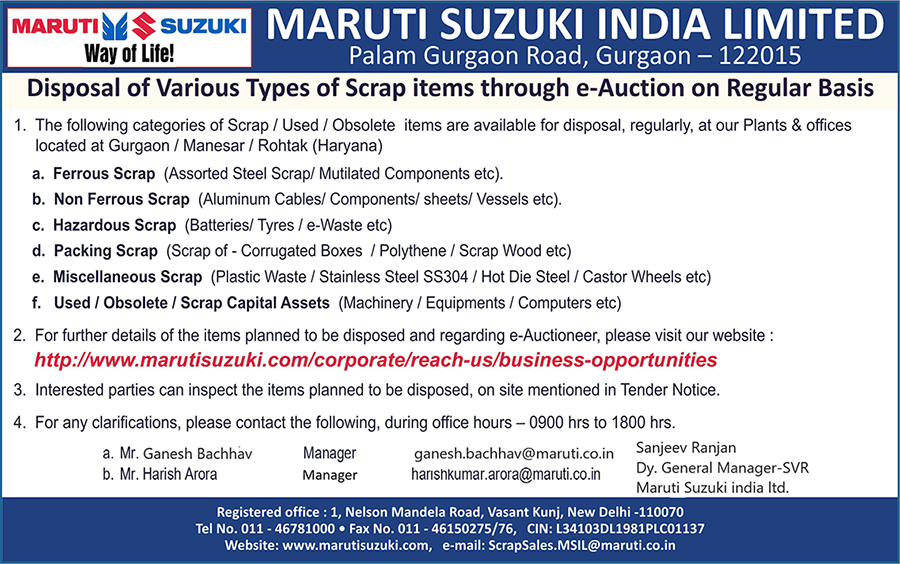 Scrap Items, Ferrous Scraps, Non Ferrous Scraps, Hazardous Scraps, Packing Scraps, Miscellaneous Scraps, Used Capital Assets, Obsolete Capital Assets, Scrap Capital Assets