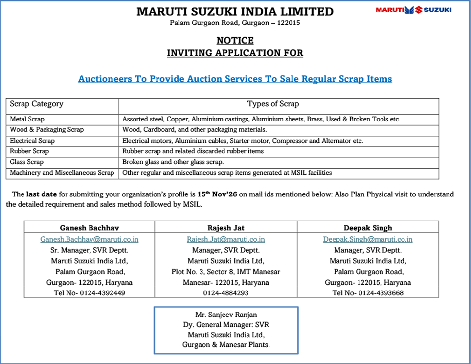 Scrap Items, Ferrous Scraps, Non Ferrous Scraps, Hazardous Scraps, Packing Scraps, Miscellaneous Scraps, Used Capital Assets, Obsolete Capital Assets, Scrap Capital Assets, Packaging Scraps, Assorted Steel Ferrous Scraps, Multilated Component Ferrous Scraps, Aluminium Cable Non Ferrous Scraps, Component Non Ferrous Scraps, Sheet Non Ferrous Scraps, Vessel Non Ferrous Scraps, Battery Hazardous Scraps, Tyre Hazardous Scraps, E-Waste Hazardous Scraps, Corrugated Box Packing Scraps, Polythene Packing Scraps, Wood Packing Scraps, Corrugated Box Packaging Scraps, Polythene Packaging Scraps, Wood Packaging Scraps, Plastic Waste Miscellaneous Scraps, Stainless Steel Miscellaneous Scraps, Hot Die Steel Miscellaneous Scraps, Machinery Used Capital Assets, Equipment Used Capital Assets, Computer Used Capital Assets, Machinery Obsolete Capital Assets, Equipment Obsolete Capital Assets, Computer Obsolete Capital Assets, Machinery Scrap Capital Assets, Equipment Scrap Capital Assets, Computer Scrap Capital Assets