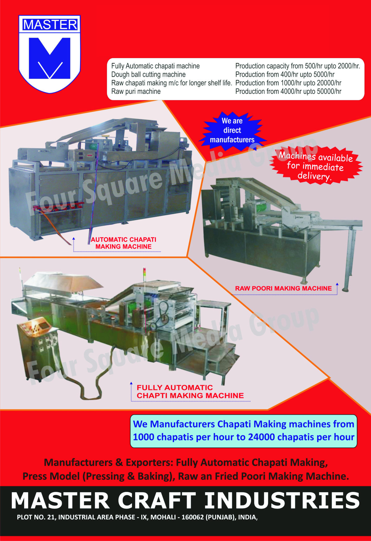 Fully Automatic Chapati Making Machines, Dough Ball Cutting Machines, Raw Chapati Making Machines, Raw Puri Machines, Rasgulla Making Machines, Gulabjamun Making Machines, Fried Poori Making Machines, Raw Poori Machines, Fried Puri Making Machines, Fully Automatic Peda Type Machines