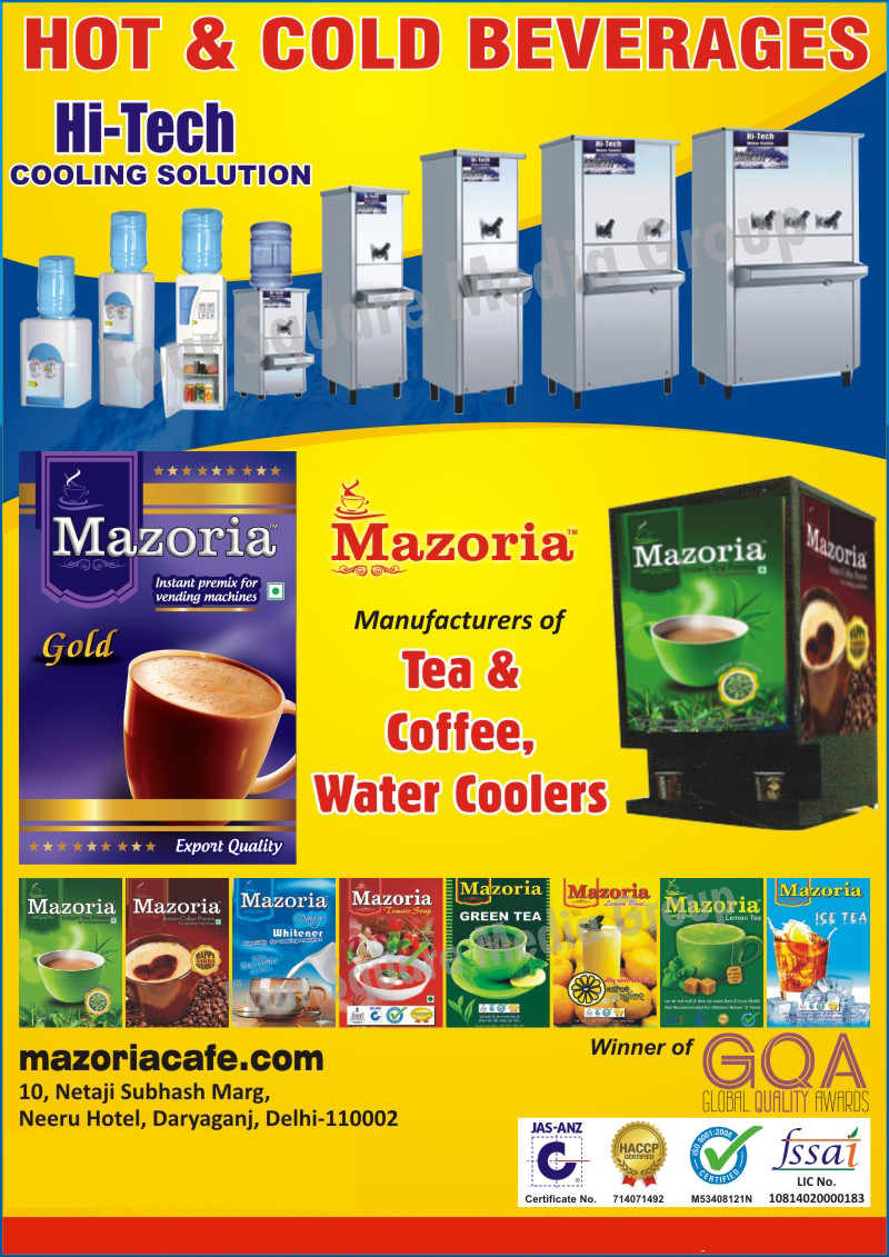 Tea Vending Machines, Water Coolers, Water Dispensers, Coffee Vending Machines, Instant Tea Premix, Instant Coffee Premix