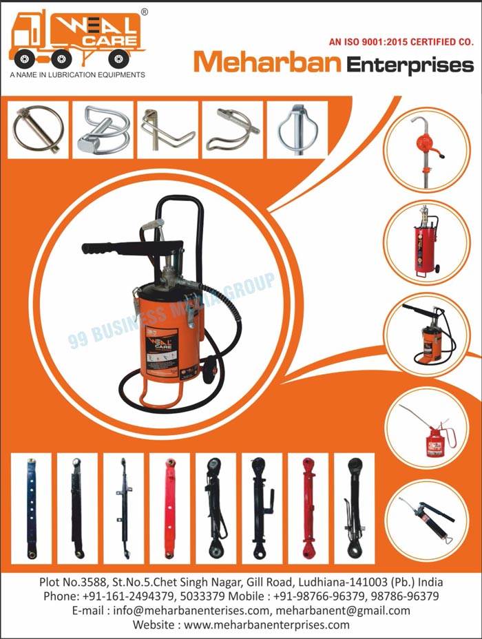 Lubrication Equipments, Hand Rotary Pumps, Liver Type Grease Guns, Hand Operated Bucket Grease Guns, Oil Cans, Hand Operated Bucket Grease Pumps, Grease Guns, Grease Dispensers, Oil Pumps, Hydraulic Jacks, Foot Operated Air Pumps, Caulking Guns, Silicon Guns, Grease Nipples, Flexible Rubber Hoses, Nylon Grease Hoses