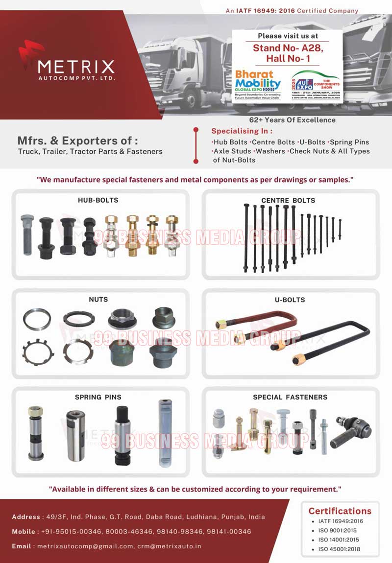 Hub Bolts, Center Bolts, U Bolts, Spring Pins, Axle Studs, Washers, Check Nuts, Nut Bolts, Truck Parts, Trailer Parts, Tractor Parts, Truck Fasteners, Trailer Fasteners, Tractor Fasteners, Nuts, Fasteners