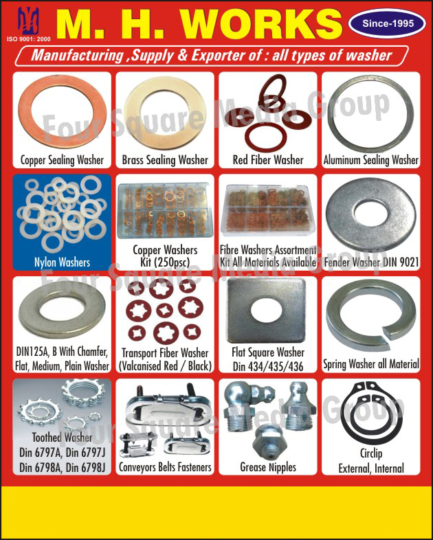 Washers, Copper Sealing Washers, Brass Sealing Washers, Red Fibre Washers, Aluminium Sealing Washers, Nylon Washers, Copper Washers, Fibre Washer Assortment Kits, Fender Washers, Plain Washers, Transport Fibre Washers, Spring Washers, Circlip External, Circlip Internal, Grease Nipples, Conveyor Belt Fasteners, Toothed Washers, Chamfered Washers, Flat Washers,Washer