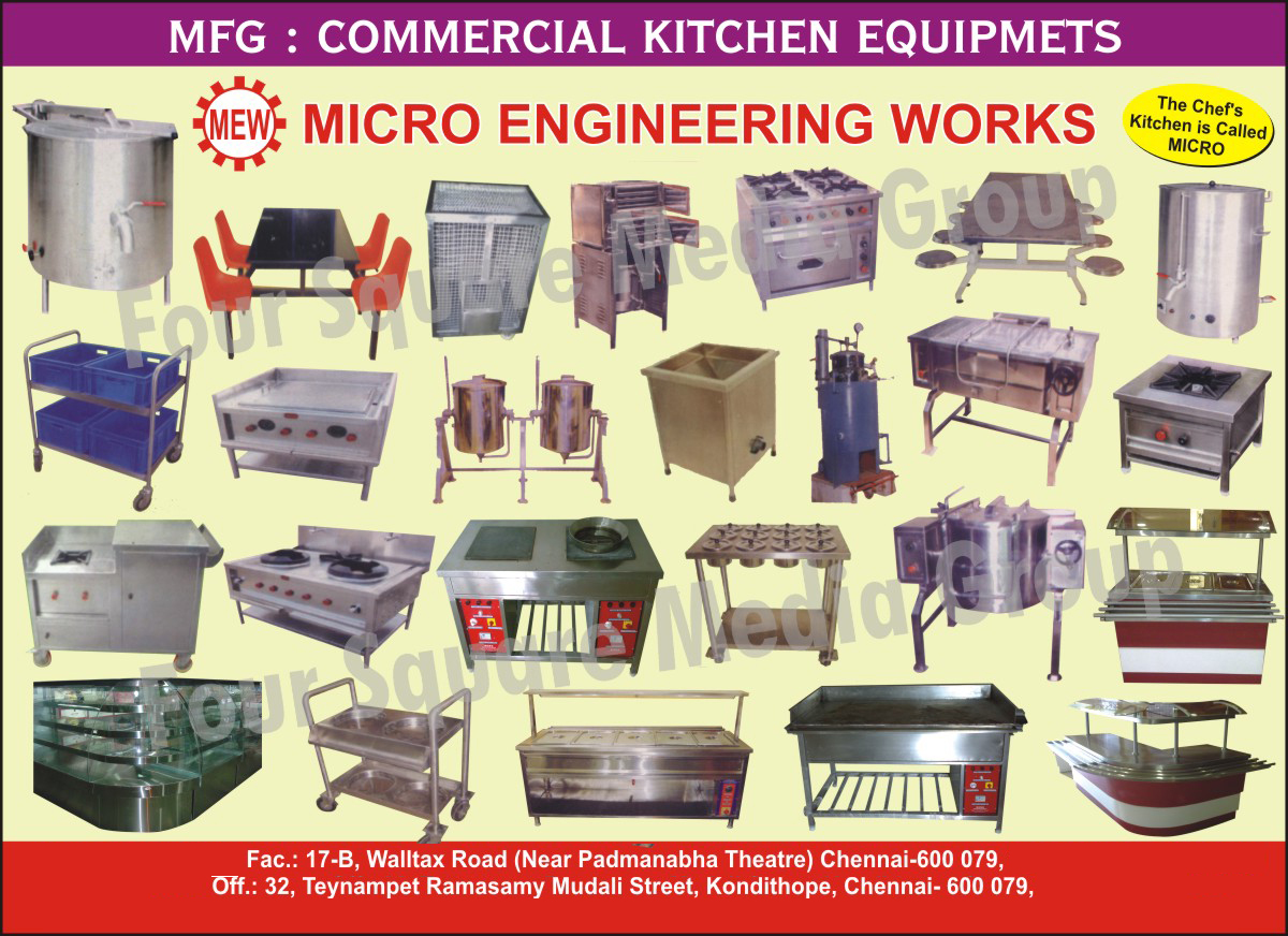 Commercial Kitchen Equipments, Display Counters, Four Burner Gas Ranges, Stainless Steel Dining Table with Stools, Single Burner Gas Ranges, Stainless Steel Snacks Trolley, Chaat Counters