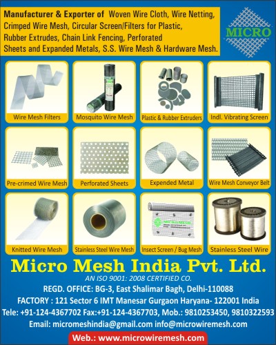 Woven Wire Cloths, Wire Nettings, Crimped Wire Mesh, Plastic Circular Screens, Plastic Circular Filters, Rubber Extruders, Chain Lock Fencings, Perforated Sheets, Expanded Metals, Stainless Steel Wire Mesh, Hardware Mesh, Wire Mesh Filters, Mosquito Wire Mesh, Plastic Extruders, Industrial Vibrating Screens, Pre Crimed Wire Mesh, Wire Mesh Conveyor Belts, Knitted Wire Mesh, SS Wire Mesh, Insect Screen, Bug Mesh, Stainless Steel Wires, SS Wires