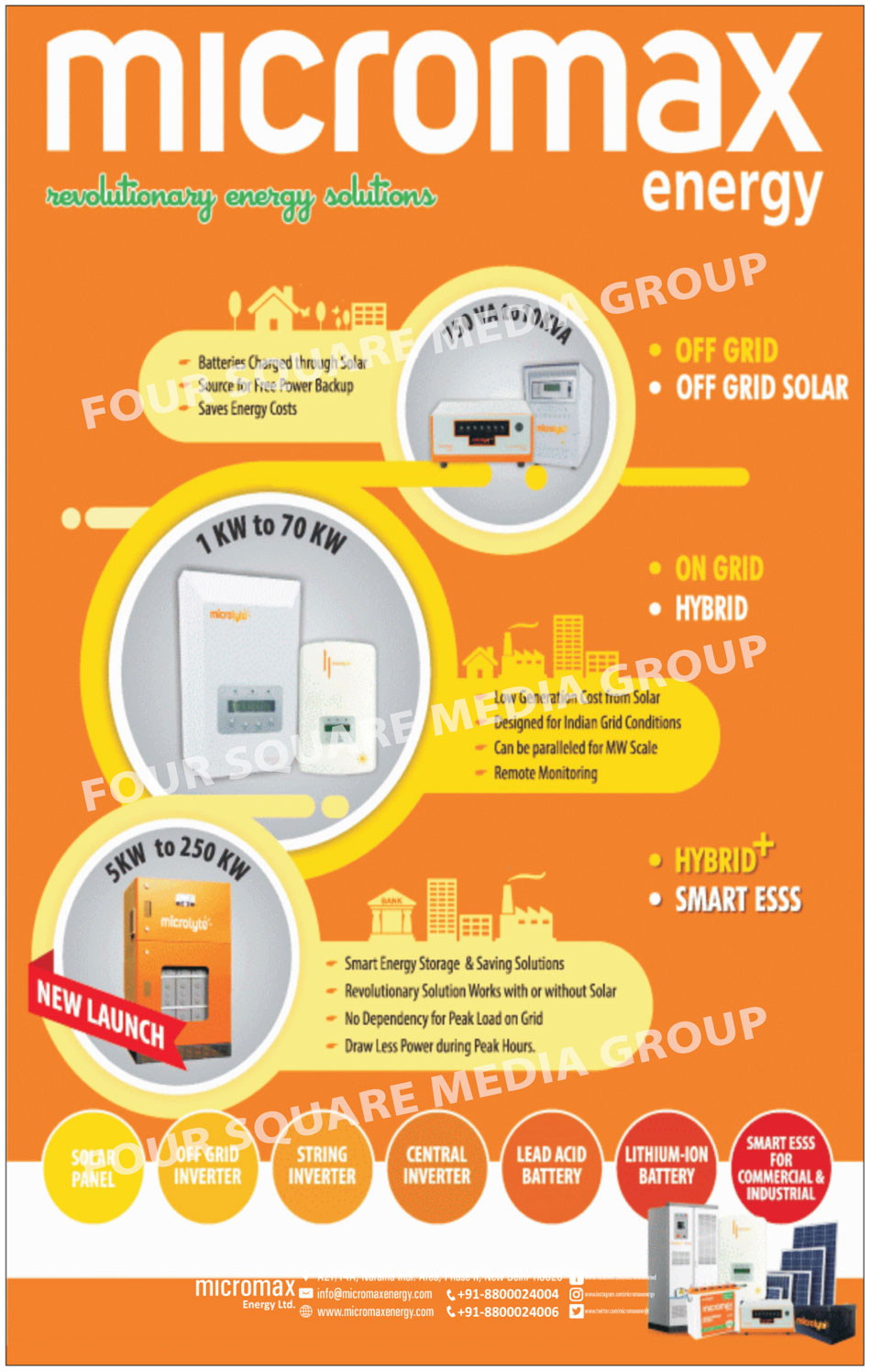 Solar Panels, Off Grid Inverters, String Inverters, Central Inverters, Lead Acid Batteries, Lithium Ion Batteries