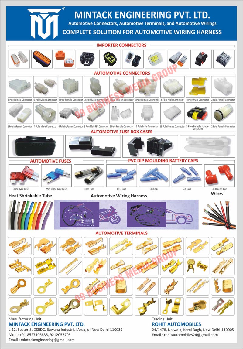 Automotive Connectors, Automotive Terminals, Automotive Wirings, Automotive Wiring Harnesses, Automotive Fuse Box Cases, Automotive Fuses, PVC Dip Moulding Battery Caps, Automotive Heat Shrinkable Tubes, Automotive Wires, Automotive Pole Female Connectors, Automotive Pole Male Connectors, Automotive Pole Male KH Connectors, Automotive Pole Male Female Connectors, Automotive Pole Male PBT Connectors