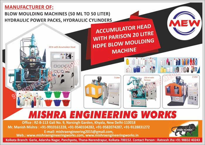 Blow Moulding Machines, Hydraulic Power Packs, Hydraulic Cylinders, Control Panels, Accumulator Head, HDPE Blow Moulding Machines