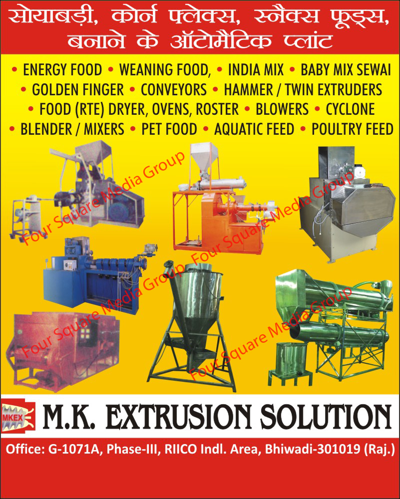 Snack Food Plants, Corn Flex Plants, Soyabadi Plants, Blenders, Mixers, Food Dryers, Pet Food Plants, Aquatic Feeds, Poultry Feeds, Cyclones, Food Blowers, Rosters, Food Ovens, Twin Extruder, Hammer Extruder, Food Conveyors,Blower, Conveyors, Ovens, Roaster, Soya Bari Making Machine