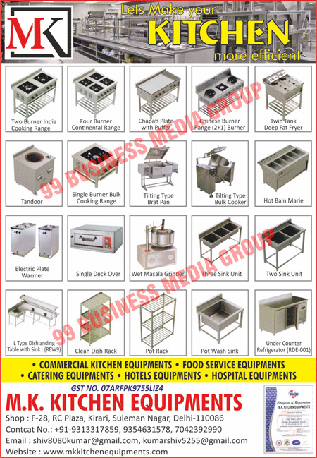 Commercial Kitchen Equipments, Food Service Equipments, Catering Equipments, Hotel Equipments, Hospital Equipments, Two Burner Cookings, Four Burner Continentals, Puffer Chapati Plates, Chinese Burners, Twin Tank Deep Fat Fryers, Tandoors, Single Burner Bulk Cookings, Tilting Type Brat Pans, Tilting Type Bulk Cookers, Hot Bain Marines, Electric Plate Warmers, Single Deck Ovens, Wet Masala Grinders, Three Sink Units, Two Sink Units, L Type Dishlanding Tables, Clean Dish Racks, Pot Racks, Under Counter Refrigerators, Pot Wash Shinks