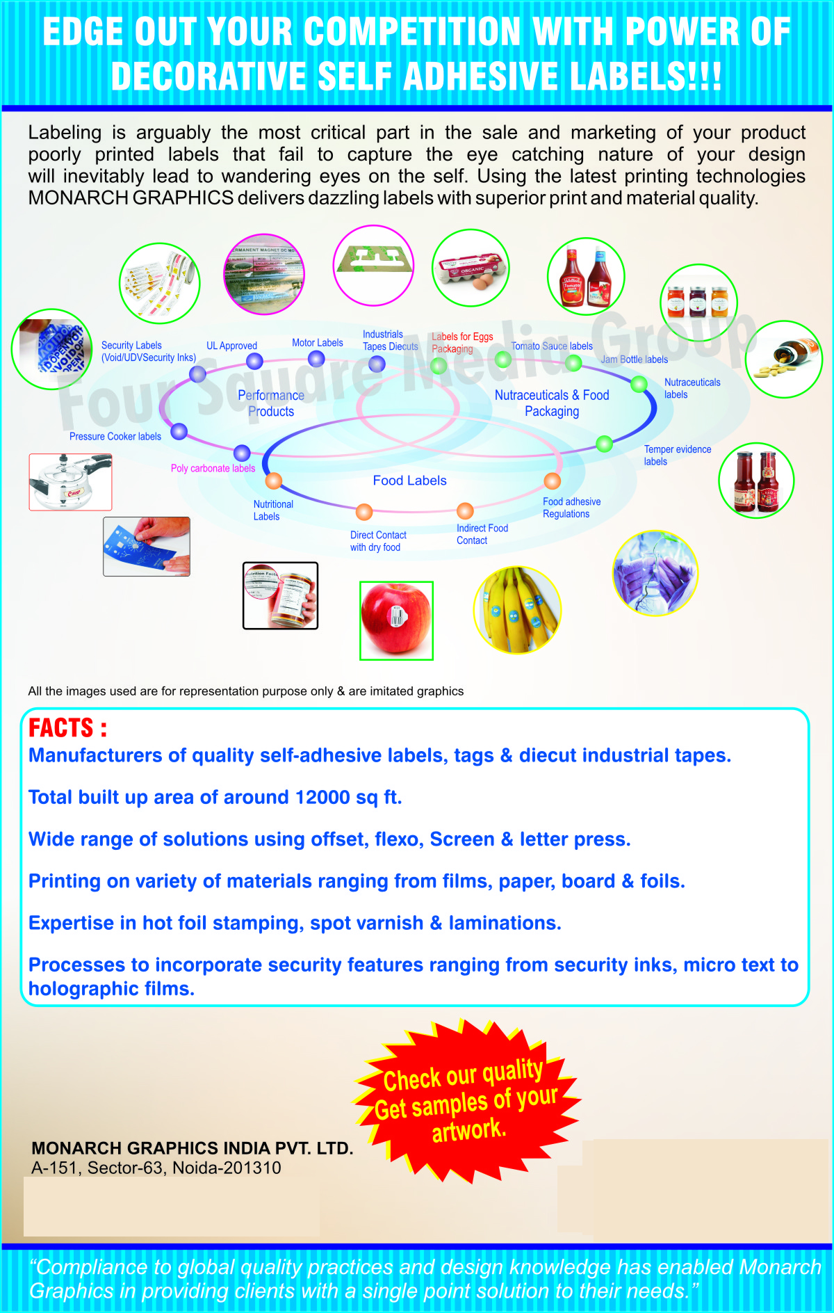 Security Labels, Food Labels, Self Adhesives Labels, Motor Labels, Industrial Tapes Diecuts, Nutraceuticals Labels, Temper Evidence Labels, Nutritional Labels, Poly Carbonate Labels, Pressure Cooker Labels, Food Packaging Labels, Dazzling Labels,Holographic Products, Bar Code Labels, Shipping Labels