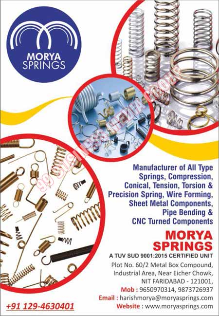 Automotive Springs, Springs, Compression Springs, Conical Springs, Tension Springs, Torsion Springs, Precision Springs, Wire Formings, Sheet Metal Components, Pipe Bending Components, CNC Turned Components