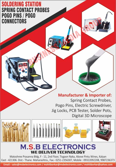 Spring Contact Probes, Pogo Pins, Electric Screwdrivers, Jig Locks, Magnifying Lamp With Clamps, PCB Testers, Solder Pots, Ultrasonic Stencil Cleaners, Utron Super Speed Bare Board Testers, Pogo Connectors, Digital 3D Microscopes