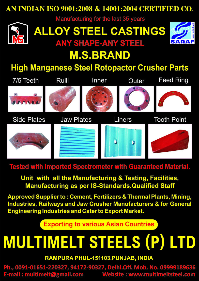 Alloy Steel Castings, High Manganese Steel Rotopactor Crusher Parts, Jaw Plates, Side Plates, Liners, Tooth Points, Feed Rings, Outer, Inner, Rulli, Rotopactor Teeth