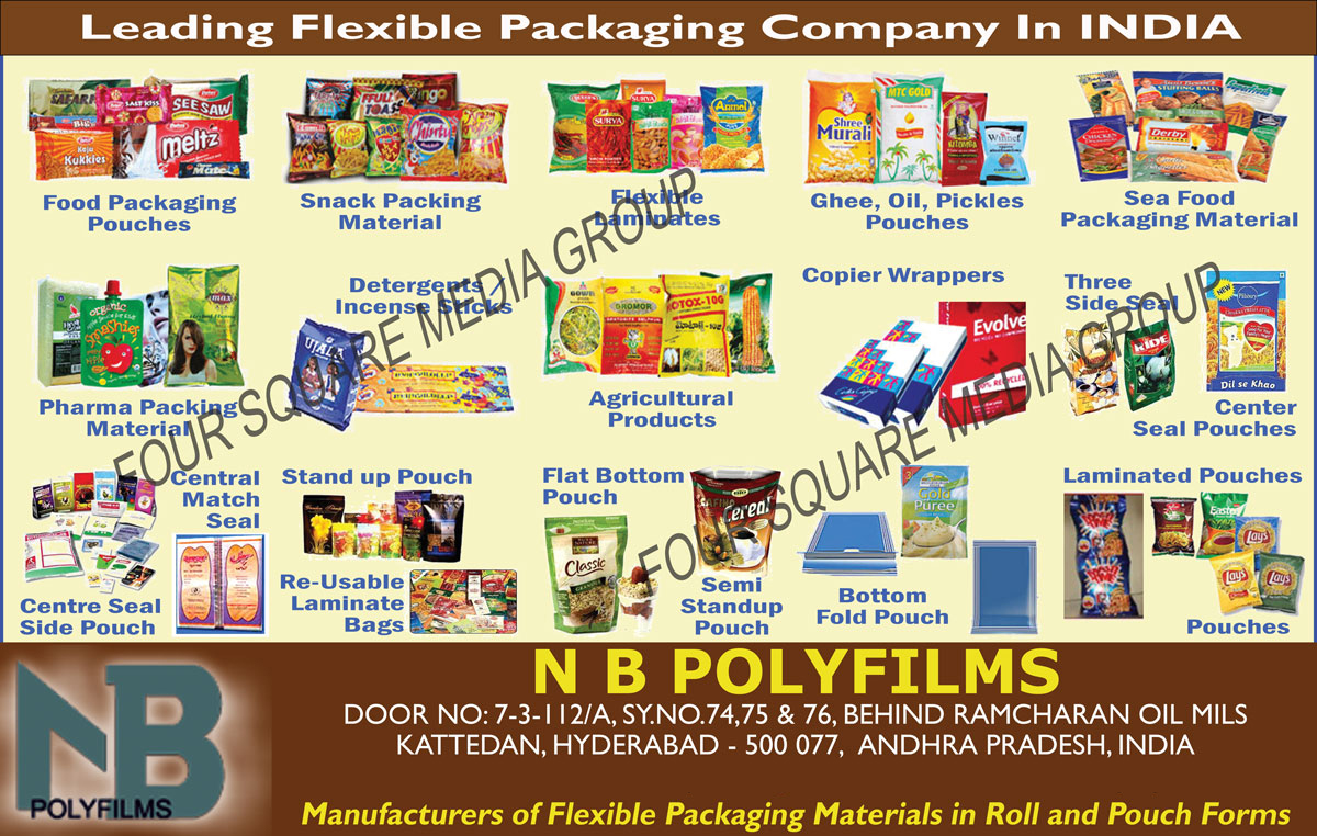 Food Packaging Pouches, Snack Packaging Materials, Flexible Laminates, Ghee Pouches, Oil Pouches, Pickles Pouches, Sea Food Packaging Materials, Pharma Packaging Material, Detergents Sticks, Incense Sticks, Agricultural Products, Copier Wrappers, Three Side Seal, Centre Seal Products, Centre Seal Side pouch, Central Match Seal, Stand Up Pouch, Re Usable Laminate Bags, Flat Bottom Pouch, Semi Stand up Pouch, Bottom Fold Pouch, Laminated Pouches, Pouches,Pharma Packing Material, Center Seal Pouches