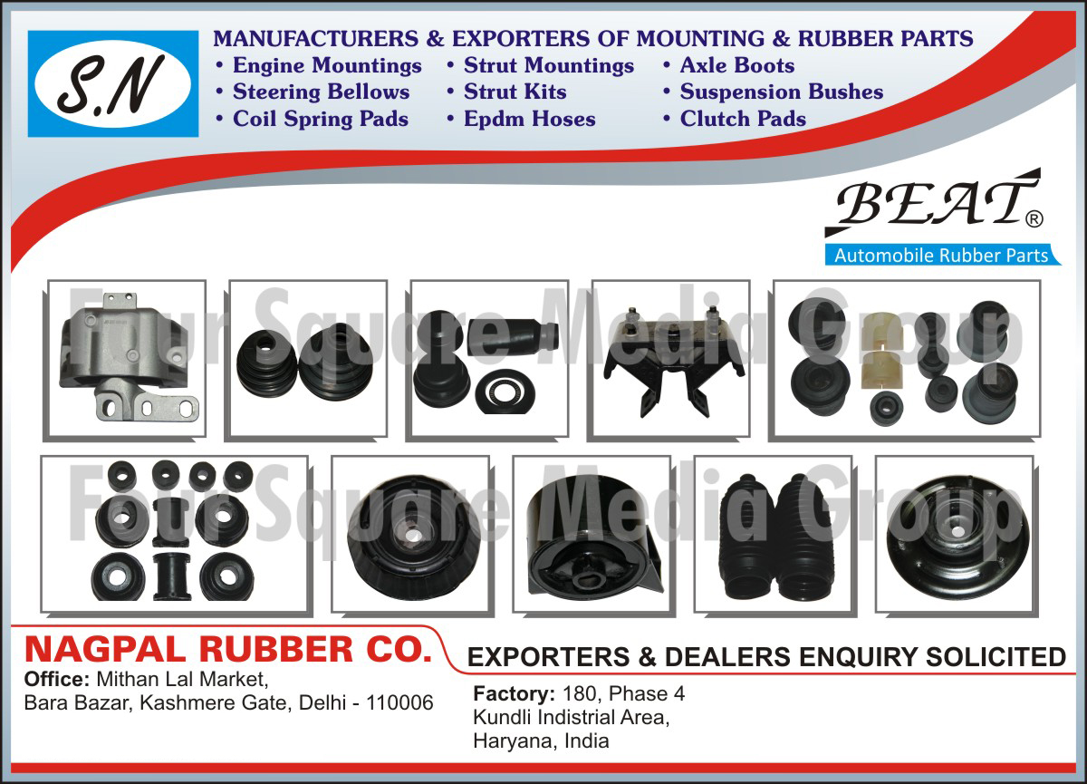 Automotive Rubber Parts, Engine Mountings, Steering Bellows, Automotive Coil Spring Pads, Automotive Strut Mountings, Automotive strut Kits, Automotive EPDM Hoses, Automotive Axle Boots, Suspension Bushes, Clutch Plates, Automotive Mountings